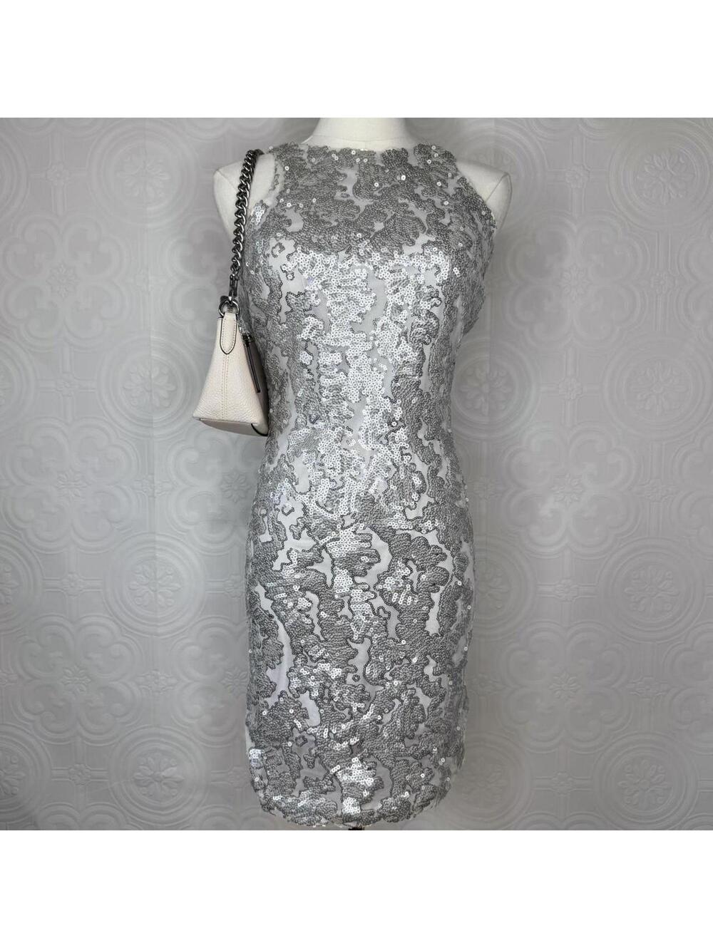 Caché Silver Sequin Mini Dress Womens 0 open back